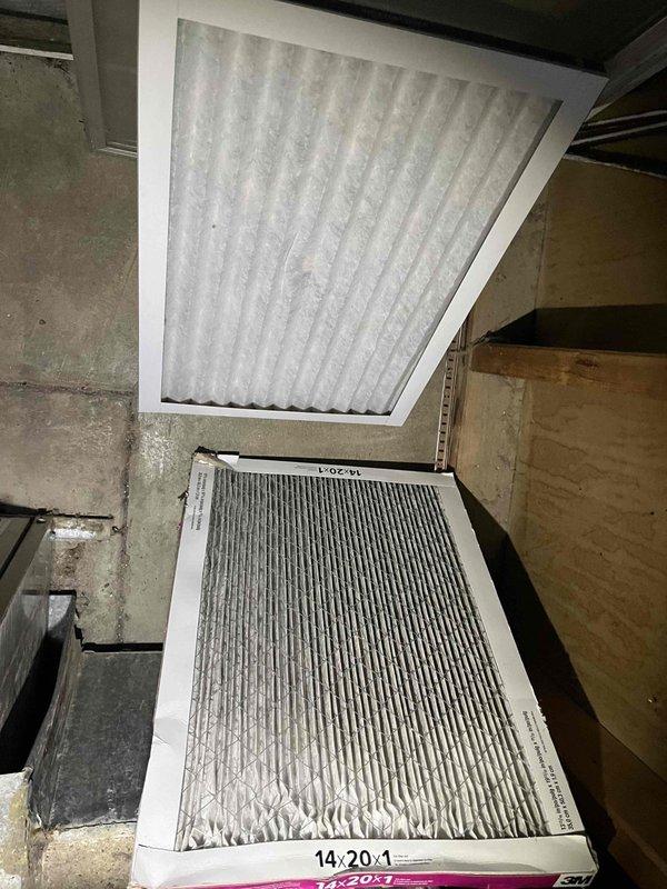 Responded to callback for AC unit not blowing cold air following recent installation. Upon arrival, replaced dirty air filters that were restricting airflow and impacting system performance. Installation included nonprogrammable thermostat, new condenser pad, electrical disconnect, and whip connection. System inspected and confirmed operational after filter replacement, with proper airflow restored throughout the system.