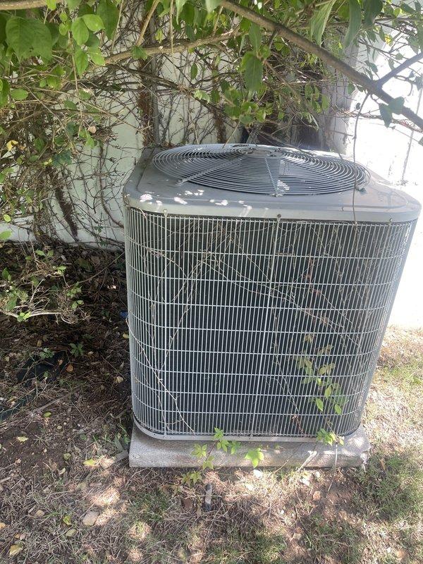 Responded to no cooling complaint on residential air conditioning system less than 10 years old located in side yard. Upon arrival, found outdoor condenser unit heavily obstructed by overgrown vegetation and vines, restricting airflow to unit. Cleared vegetation from around condenser to restore proper air circulation. Inspected thermostat operation and verified battery condition - found two AA batteries installed and functioning properly in Honeywell wall-mounted digital thermostat. Checked thermostat wiring connections at terminal board, confirmed all wire terminations secure with no loose connections observed. Advised customer to keep unit off temporarily and run fan only mode as precautionary measure. Unit requires proper clearance maintenance around condenser for optimal performance and efficiency.