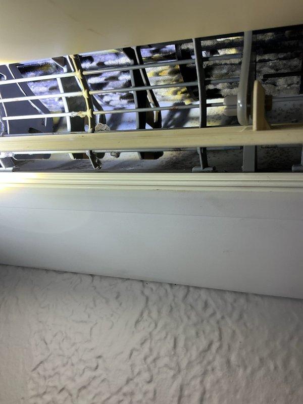 Responded to service call for 10-year-old mini split unit on sun porch ejecting black debris from discharge vents. Upon inspection, discovered extensive mold contamination and biological growth throughout evaporator coil assembly and heat exchanger fins. Performed thorough cleaning and decontamination of internal components, removed accumulated debris from blower wheel and drain system, treated affected surfaces with antimicrobial solution, and verified proper drainage function to prevent future moisture accumulation and microbial growth.