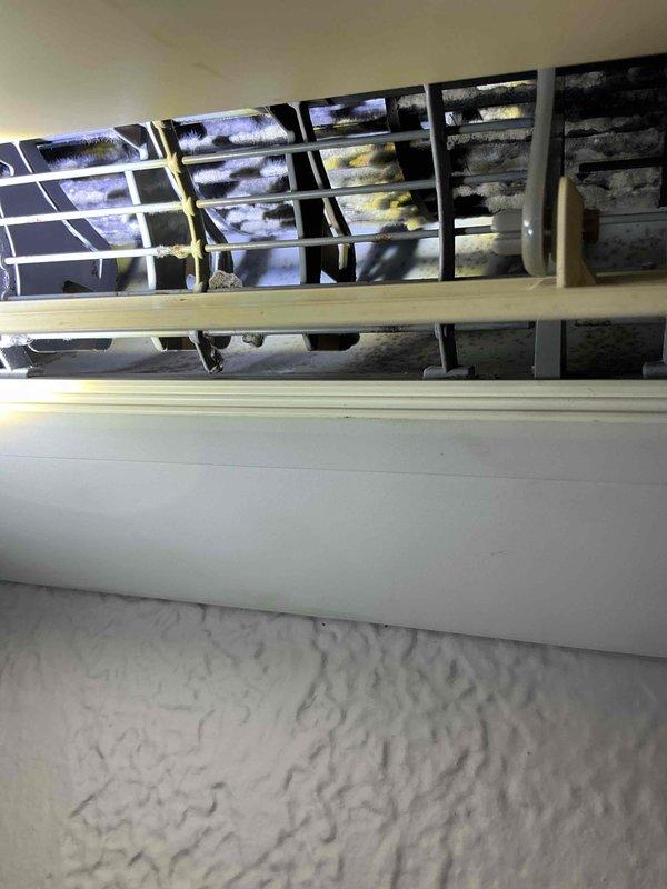 Responded to service call for 10-year-old mini split unit on sun porch ejecting black debris from discharge vents. Upon inspection, discovered extensive mold contamination and biological growth throughout evaporator coil assembly and heat exchanger fins. Performed thorough cleaning and decontamination of internal components, removed accumulated debris from blower wheel and drain system, treated affected surfaces with antimicrobial solution, and verified proper drainage function to prevent future moisture accumulation and microbial growth.