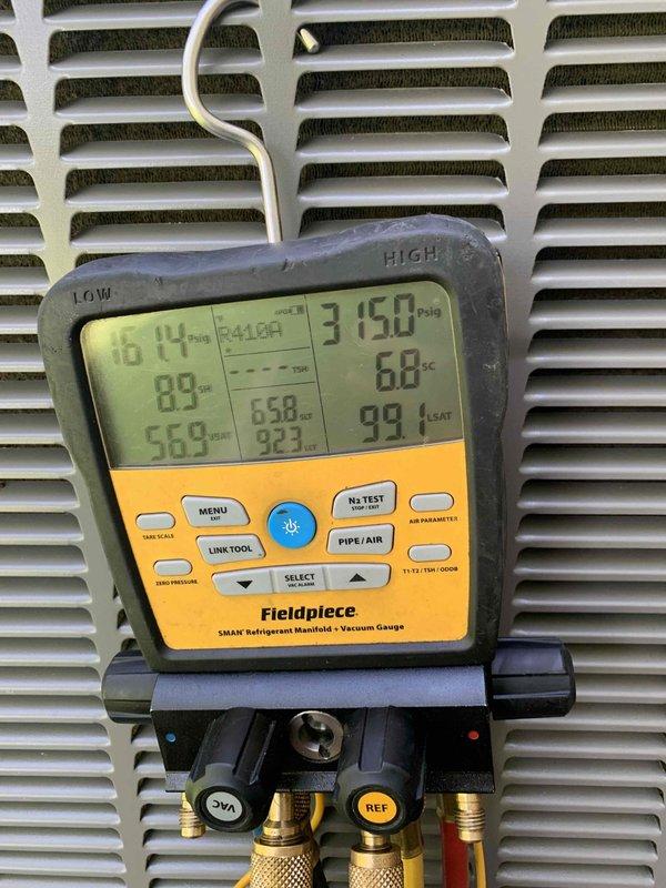 Responded to no-cooling call on 1-year-old attic unit showing offline status. Upon arrival, performed diagnostic evaluation using digital manifold gauges to assess refrigerant pressures and system temperatures. Inspection revealed evaporator coil contamination with visible dust, dirt, and debris accumulation affecting airflow and heat transfer efficiency. Restored unit to operational status and verified proper system function with normal operating pressures and temperatures.