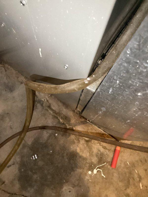 Responded to service call for 13-year-old Trane air conditioning system experiencing water leakage. Upon inspection, located condensate drain line issue causing water discharge in mechanical space. Cleared obstruction from condensate drain line, verified proper drainage flow, and tested system operation to ensure no further leakage. Unit returned to normal operating condition with condensate properly draining through designated drain system.