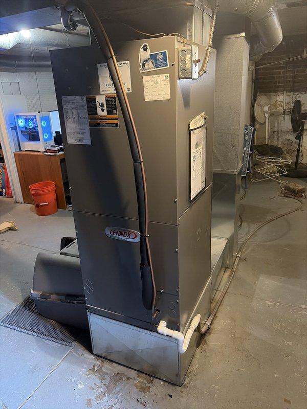 Replaced defective evaporator coil in Lennox air handler (S/N 1617C17289) under warranty for second floor cooling system. Removed failed coil from unit, installed new replacement coil, pressure tested system for leaks, evacuated and recharged refrigerant to manufacturer specifications, and verified proper airflow and cooling operation. Defective coil was disposed of per warranty protocol.
