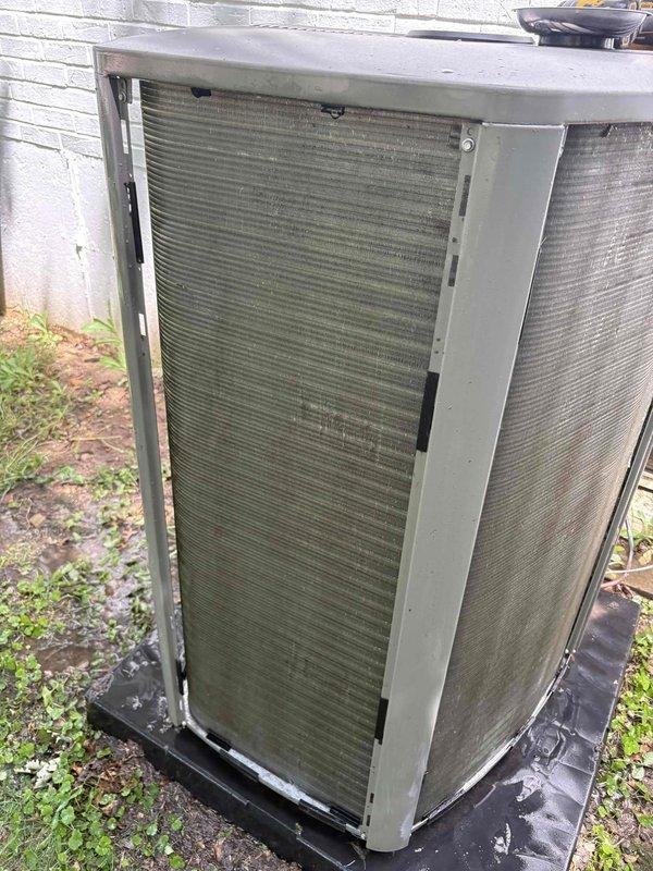 Responded to customer complaint of loud noise coming from outdoor AC unit. Upon inspection, found condenser coil heavily contaminated with dirt, dust, and debris buildup restricting airflow and causing system strain. Performed thorough coil cleaning to remove accumulated contaminants from fin surfaces, restoring proper airflow through the condenser. Unit tested and operating normally with noise issue resolved.