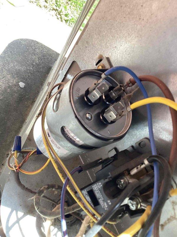 Responded to no cooling complaint on Bryant ground-mounted unit U10 located in backyard. Upon inspection, diagnosed failed dual-run capacitor preventing compressor and condenser fan operation. Removed defective capacitor and installed new replacement rated at 450-370VAC. Verified all electrical connections secure, tested system operation, and confirmed unit cooling properly with normal amperage draws on both compressor and fan motor.
