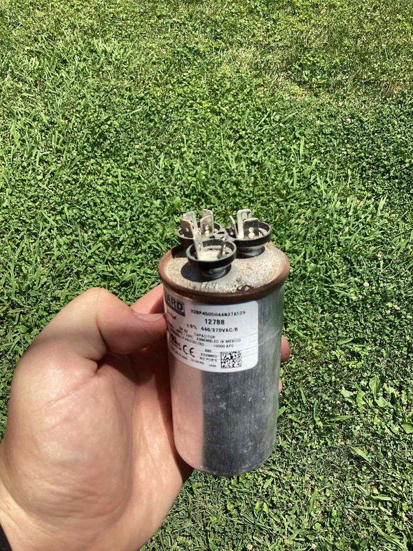 Responded to no cooling complaint on Bryant ground-mounted unit U10 located in backyard. Upon inspection, diagnosed failed dual-run capacitor preventing compressor and condenser fan operation. Removed defective capacitor and installed new replacement rated at 450-370VAC. Verified all electrical connections secure, tested system operation, and confirmed unit cooling properly with normal amperage draws on both compressor and fan motor.