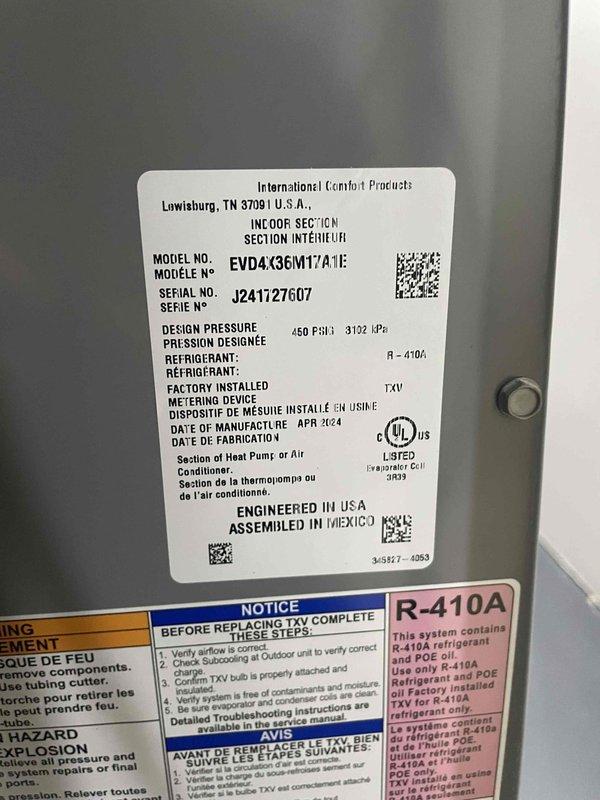 Completed comprehensive cooling tune-up on International Comfort Products air conditioning unit (Model EVD4A36M17/A1E, manufactured April 2024) utilizing R-410A refrigerant. System inspection confirmed proper operation with normal condensation present on evaporator components, indicating adequate cooling performance and appropriate temperature differential across the coil. All manufacturer specifications verified, refrigerant levels checked, and unit found operating within design parameters.