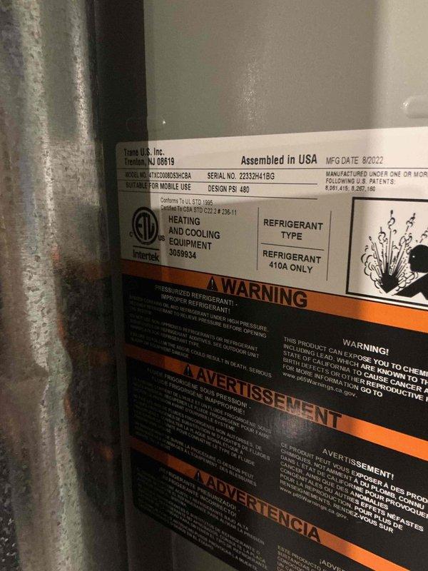 Completed comprehensive cooling system tune-up on a 4-year-old Trane unit (Model 904B93A, Serial 233294418G) utilizing R-410A refrigerant. Performed standard maintenance protocol including inspection of blower assembly, refrigerant lines, and all major components, verifying proper operation and system integrity. Unit found in good working condition with no deficiencies noted; all safety labels and specifications confirmed present and legible.
