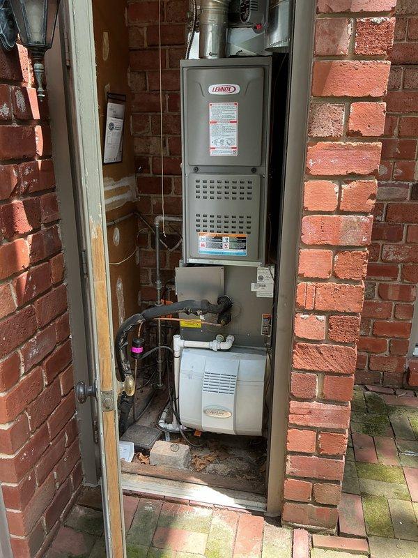 Responded to no cooling complaint on U10 system located in exterior closet alcove. Upon arrival, found unit had been shut off by customer. Performed complete system inspection of Lennox furnace and cooling components housed in brick-enclosed outdoor installation. Conducted diagnostic evaluation of refrigerant lines, electrical connections, and air handling components. Verified system operational status, checked refrigerant service valves, and inspected condensate drainage lines. Assessed humidifier integration and ductwork connections. System evaluated for proper functionality and readiness to restore cooling operation for immediate household needs.
