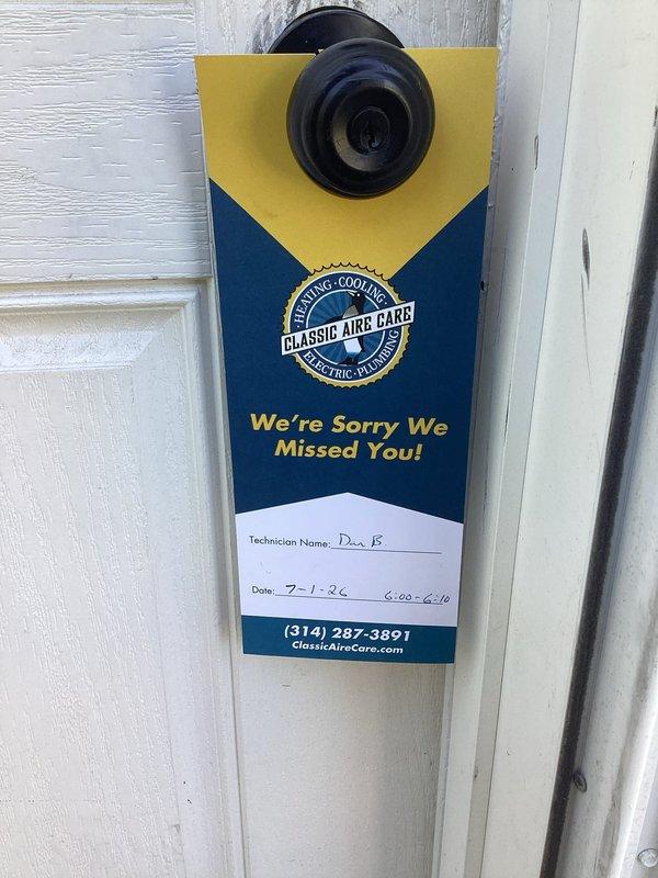 Responded to no cooling call with reported indoor temperature of 85 degrees and hot air discharge from system. Customer was not home upon arrival, so left door hanger notification with contact information and attempted service timeframe. Unable to perform diagnostic evaluation of refrigerant levels, electrical components, or compressor operation due to no access to property.