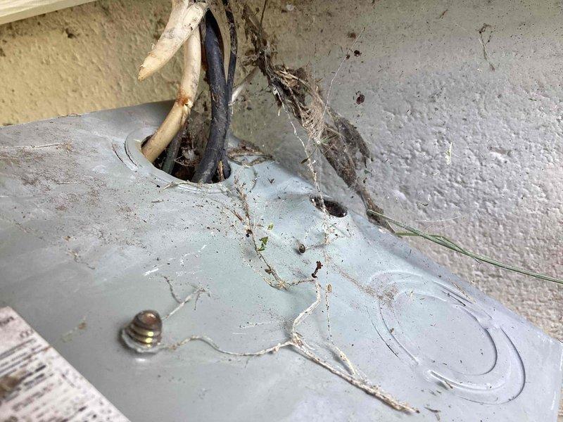 Responded to no cooling complaint on residential AC unit. Upon arrival, found severely deteriorated exterior disconnect box with damaged wiring and visible signs of arcing. Tenant reported that prior unauthorized repair attempt resulted in sparking at the line connection point. Inspection revealed compromised wire insulation, corroded electrical connections, and weathered disconnect enclosure posing safety hazard. Documented unsafe electrical conditions with photos showing exposed conductors and degraded components at outdoor unit connection point.