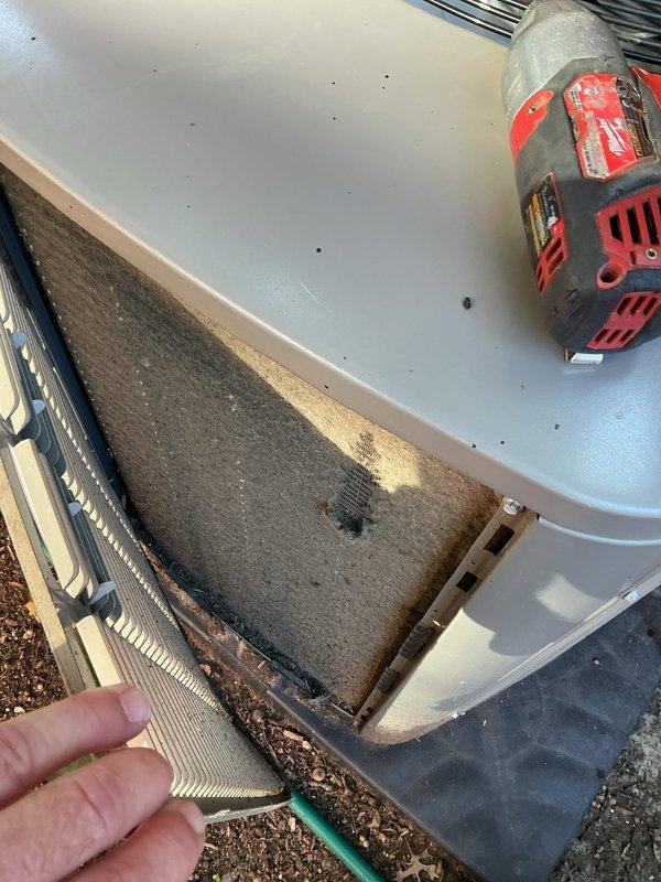 # Summary

Responded to no-cool call on 3-year-old outdoor unit caused by wet switch safety shutdown. Identified severely clogged evaporator coil with heavy dust and debris accumulation restricting airflow and causing condensate overflow, triggering the safety float switch and shutting down the system.

# Work Performed

Upon arrival, confirmed unit was non-operational due to wet switch activation. Opened access panel and inspected internal components, revealing significant debris buildup on evaporator coil fins and base. The heavy accumulation of dirt, dust, and organic material was restricting airflow across the coil, causing inadequate heat exchange and excessive condensation.

Cleaned evaporator coil using fin comb and appropriate cleaning methods to remove debris from fins and base area. Cleared condensate drain line to ensure proper water evacuation and prevent future wet switch trips. Inspected blower motor assembly and verified proper operation. Checked all electrical connectio