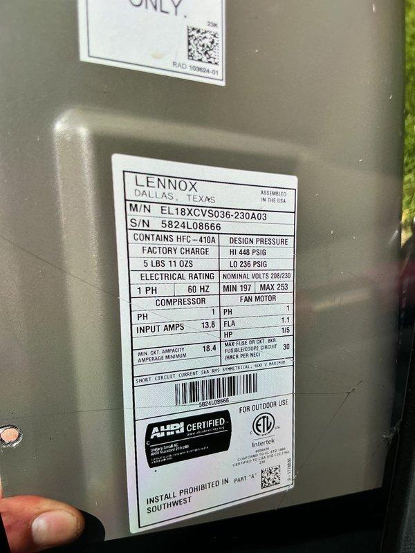 Completed warranty replacement of compressor on Lennox condensing unit model EL18XCV5036-230A03, serial number 5824L08666, due to no cooling condition. Installed new compressor, verified proper electrical connections at control board, and confirmed system operation with HFC-410A refrigerant factory charge of 5 lbs 11 oz. Retained failed compressor for warranty processing.