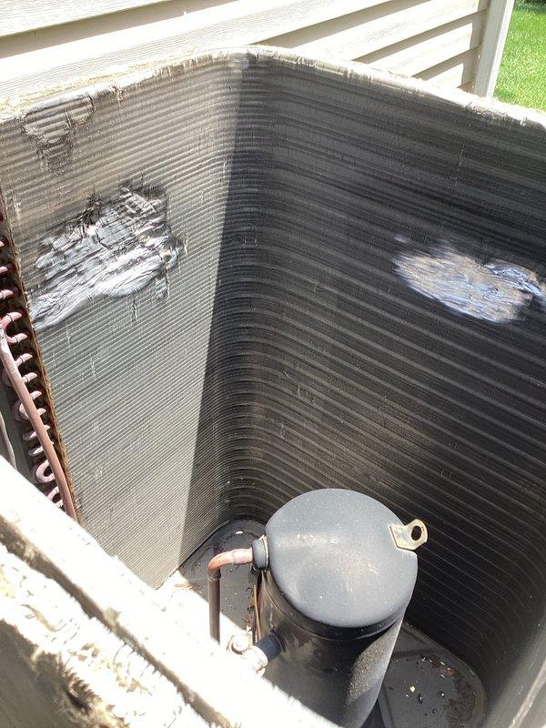 Replaced failed condenser fan motor (CFM) and damaged fan blade on outdoor HVAC unit. Removed old motor and blade assembly, installed new components sourced from supplier, and verified proper operation. Disposed of defective parts per standard procedure.