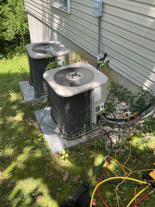 Responded to no cooling call on 21-year-old residential split system. Upon arrival, found system completely non-operational with no power to outdoor condensing unit or indoor air handler. Connected manifold gauges to assess refrigerant pressures and verified electrical supply at disconnect. Diagnosed failed contactor and loss of power supply to system due to tripped breaker. Reset breaker, replaced contactor on outdoor unit, and restored power to Lennox furnace and air handler. Tested system operation, confirmed proper startup sequence, and verified adequate airflow through evaporator coil. System returned to normal cooling operation with all components functioning properly.