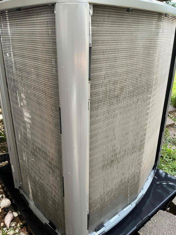 Completed comprehensive cooling maintenance tune-up on a 9-year-old air conditioning system. Unit was operational upon arrival with exterior condenser coils showing heavy accumulation of dirt, dust, and debris significantly restricting airflow. Performed thorough cleaning of condenser coils, checked refrigerant levels, inspected electrical connections, tested capacitor and contactor operation, verified proper amperage draw on compressor and fan motor, cleaned condensate drain line, replaced air filter, and confirmed system cooling performance within manufacturer specifications.