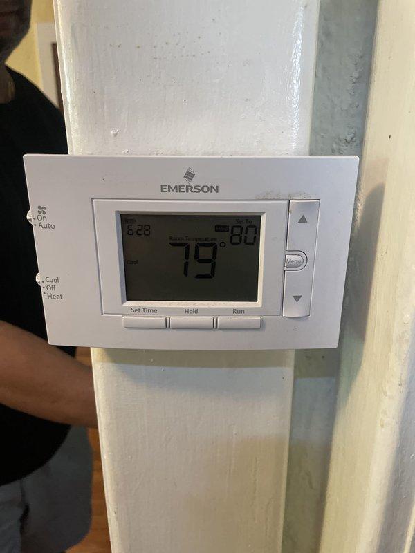 Responded to recall for no cooling condition on unit U10 located at back of residence. Upon arrival, found thermostat displaying 79°F with system in OFF mode. Verified customer had shut down system as previously advised due to recurring cooling failure. Documented thermostat settings and current temperature readings showing unit not operating in cooling mode. Further diagnostics required to identify root cause of repeat no-cooling condition.
