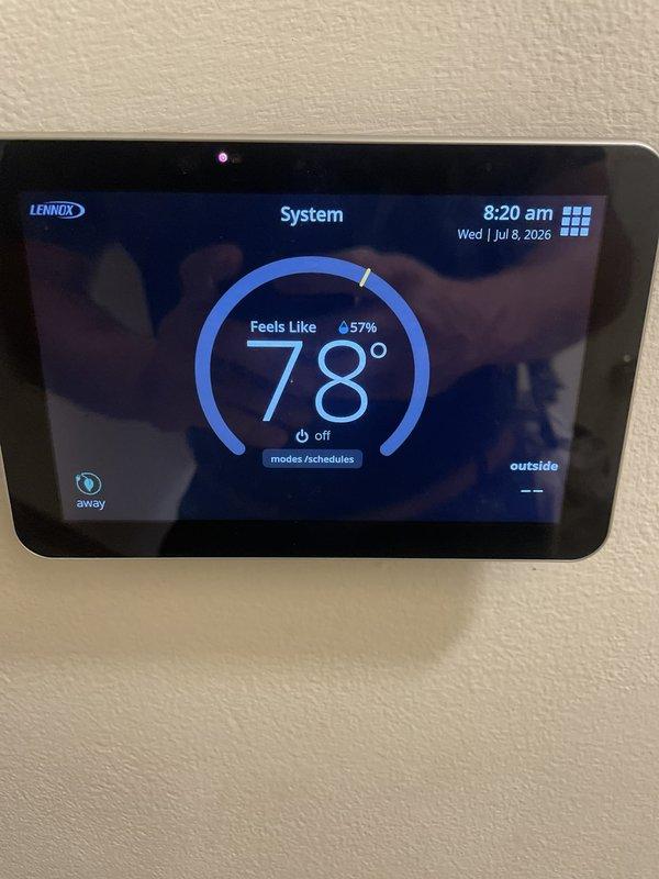 Responded to no cooling call on 8-year-old Lennox system located in attic. Upon arrival, confirmed thermostat was in off mode and displaying 78°F indoor temperature with 57% humidity. Inspected unit electrical panel and terminal connections, finding all wiring secure with proper color coding and labeling intact. Verified control board connections, including sensor wiring and power distribution at terminal block. System operational after thermostat mode adjustment and cycle testing performed successfully.