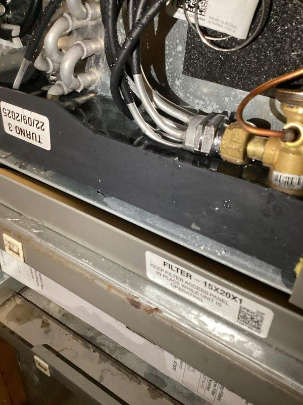Responded to water leak complaint at air handler unit in laundry room. Upon arrival, found visible water pooling on floor beneath unit and saturated air filter. Inspection revealed leak originating from filter housing area where filter slot meets top section of unit. Examined condensate drain system, including P-trap and drain line connections visible in equipment area. Checked refrigerant lines, brass fittings, and copper tubing for signs of condensation or leakage. Verified unit was recently installed in March and still under first-year warranty coverage. Documented internal components, filter housing labeled for 15x20x1 filter, ductwork connections, and drain trap assembly with photographs for warranty claim processing. Identified source of leak at filter compartment interface requiring warranty service or manufacturer involvement for proper resolution of defect in newly installed equipment.