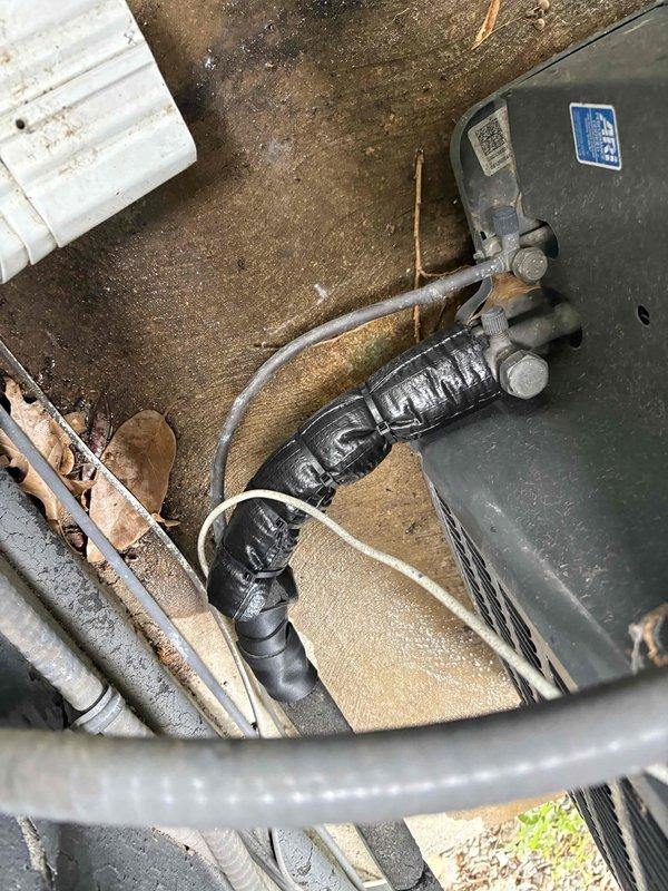 Responded to service call to reinsulate refrigerant lines on outdoor AC compressor unit in preparation for occupancy inspection. Removed deteriorated insulation from suction and liquid lines running from exterior condensing unit, cleaned copper piping, and installed new foam pipe insulation with proper sealing and weatherproofing. Secured all insulation joints, verified proper drainage line function, and confirmed system met code requirements for inspection approval.