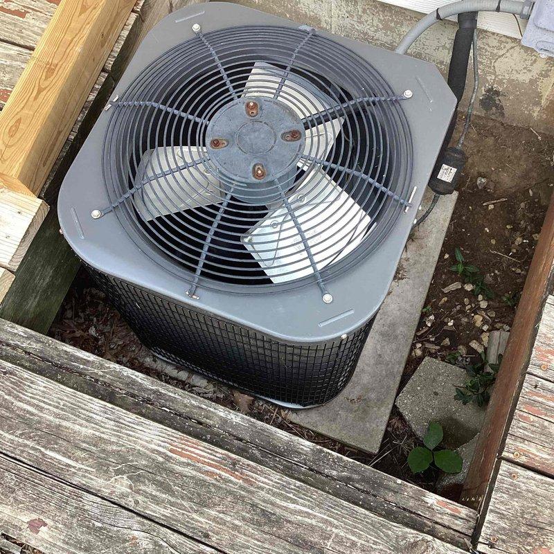 Responded to no cooling call on 10+ year old outdoor condenser unit located at ground level behind residence. Upon arrival, inspected outdoor unit and indoor thermostat system. Advised customer to shut off air conditioning system and operate fan only to prevent potential compressor damage until further diagnostic work or repairs can be completed.