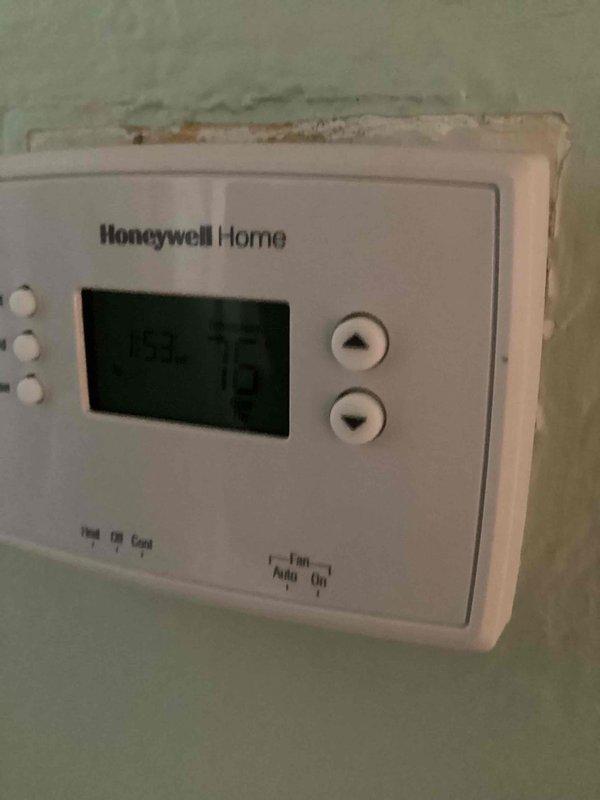 Responded to no cooling call on 10+ year old outdoor condenser unit located at ground level behind residence. Upon arrival, inspected outdoor unit and indoor thermostat system. Advised customer to shut off air conditioning system and operate fan only to prevent potential compressor damage until further diagnostic work or repairs can be completed.