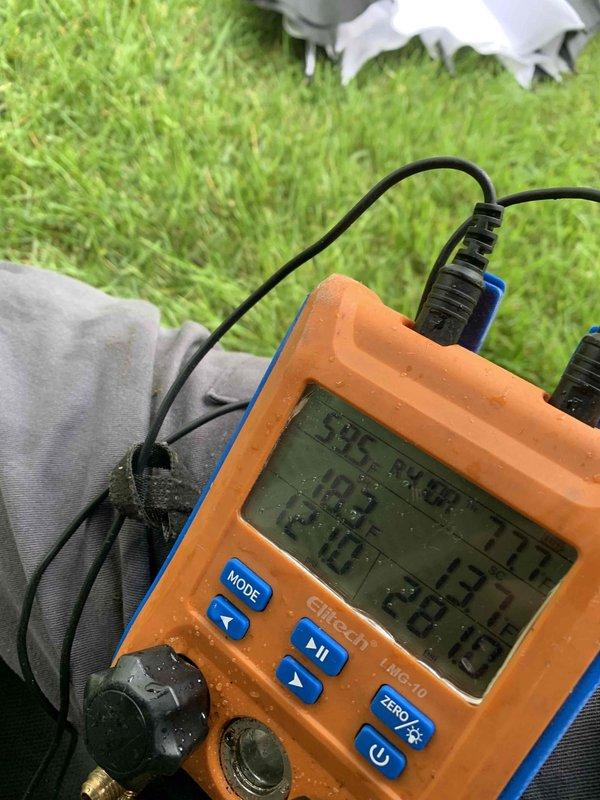 Completed cooling system tune-up on 10-year-old outdoor AC unit that was originally scheduled due to no cooling condition. Performed standard maintenance procedures including system diagnostics with digital manifold gauges to verify refrigerant pressures and temperatures, and inspected/documented dirty 16x25x1 air filter requiring replacement. All measurements recorded and system operational upon completion.