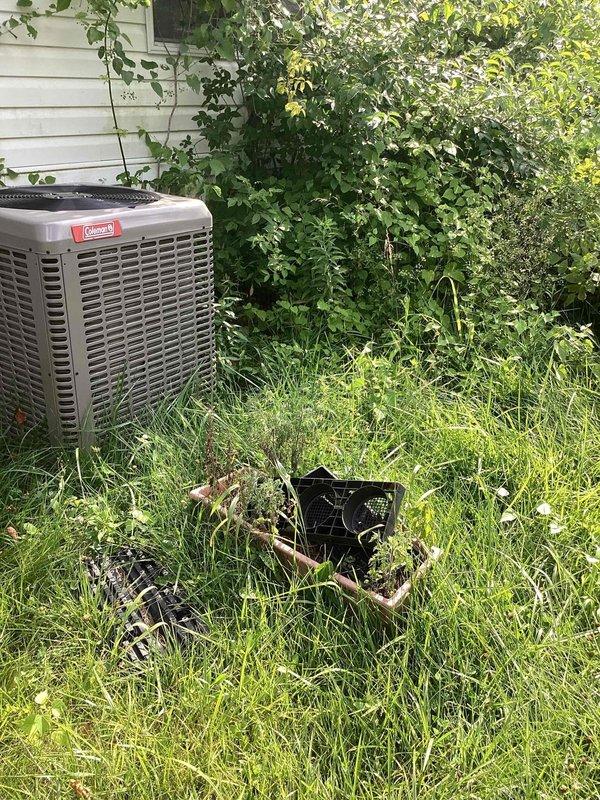 Responded to no-cooling complaint for master bedroom in residential split system. Upon arrival, found Coleman condenser unit with damaged/detached fan guard and protective top grille lying in grass around unit. Inspected system and determined fan guard failure allowed debris access and compromised airflow to condenser. Reinstalled protective components, cleared vegetation from around unit perimeter, verified proper condenser fan operation, and restored cooling function to affected zone.