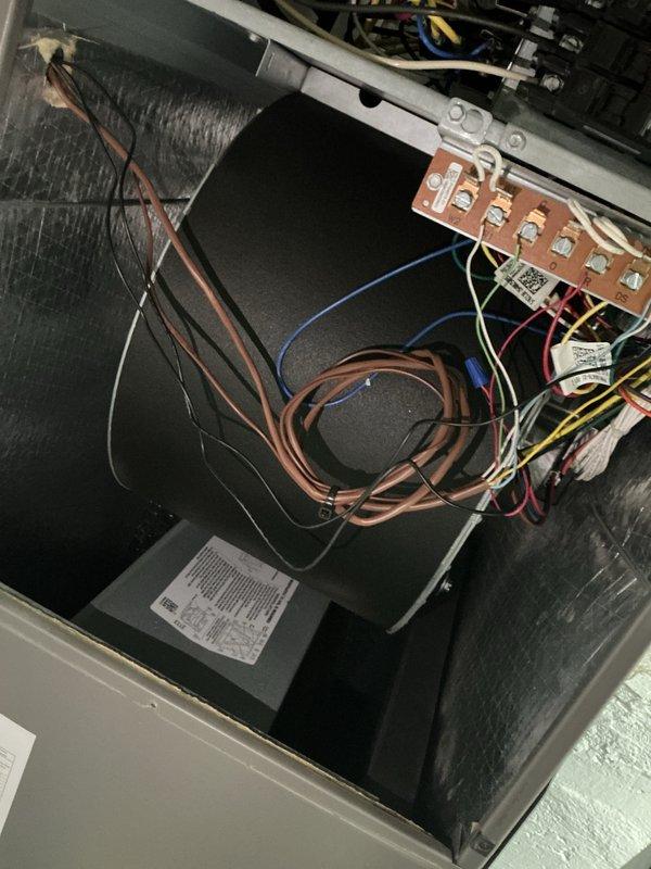 Completed routine cooling system tune-up on 8-year-old Lennox HVAC unit. Inspected and serviced blower assembly, verified electrical connections and wiring at terminal block, and replaced dirty pleated air filter. System operating properly with no issues identified.