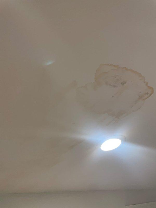 Responded to call for clogged condensation drain on basement HVAC unit under 10 years old. Upon arrival, discovered significant water damage to ceiling caused by condensate drain line blockage, evidenced by brown water staining and deteriorated drywall with exposed substrate. Cleared obstruction from condensate drain line and verified proper drainage flow. Tested system operation to confirm condensate is now draining correctly and no further overflow occurring.