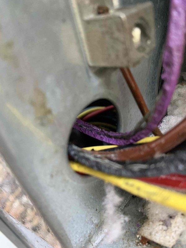 Responded to no cooling call for residential air conditioning system. Upon arrival, performed diagnostic inspection of Goodman ASX160241FD condenser unit operating on R-410A refrigerant. Inspected electrical connections, wire routing through junction box, and verified proper insulation and sealing at penetration points. Documented equipment nameplate specifications including 208-230V single-phase configuration, 13.9 RLA compressor rating, and 1/6 HP motor. Captured photographic documentation of electrical junction connections with purple foam weatherproofing seal and unit identification label for service records. System evaluation completed and findings reviewed with customer.