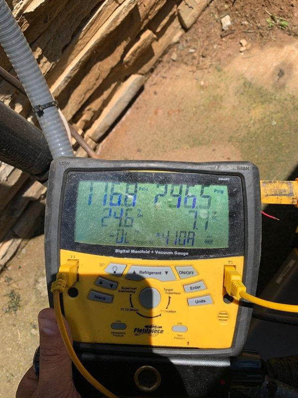 Replaced failed compressor under warranty on Lennox outdoor condensing unit. Installed new compressor (S/N 1925E17968), verified proper refrigerant pressures using digital manifold gauges, and confirmed system operation. Retained failed compressor per warranty requirements.