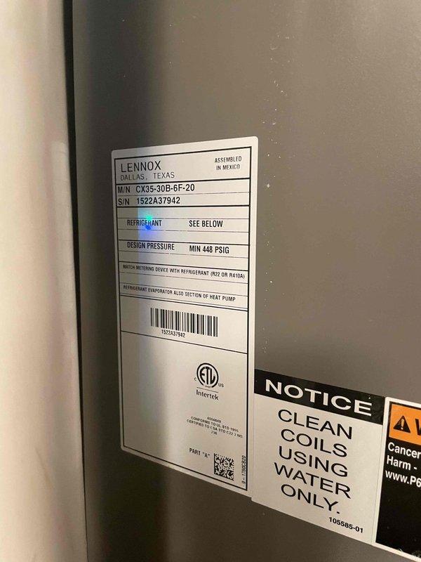 Completed preventative maintenance tune-up on two 4-year-old Lennox cooling systems—one outdoor condensing unit (model CX35-30B-6F-20) and one air handler located in upstairs hall closet. Performed comprehensive inspection of both units including cleaning coils with water per manufacturer specifications, checking refrigerant charge and pressures, testing electrical components, and replacing air filter with new pleated media filter. All systems operating within normal parameters upon completion.