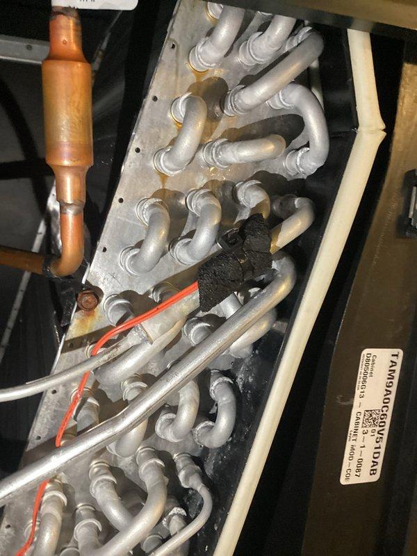 Completed warranty repair on HVAC system experiencing intermittent heating and cooling issues. Replaced defective electronic expansion valve (EEV) stepper motor and coil temperature sensor as identified during previous diagnostic visit. All failed components were removed and discarded, new parts installed and system tested to verify proper operation and temperature control.