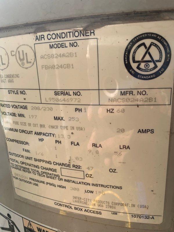 Completed comprehensive cooling maintenance tune-up on Inter-City Products air conditioning unit, model ACS8244B1, serial number L95B646972, utilizing R22 refrigerant. Inspected manufacturer's data plate specifications, verified electrical components and control board connections within the unit's control panel, and confirmed system operational status. All components were found functioning properly with no deficiencies noted.