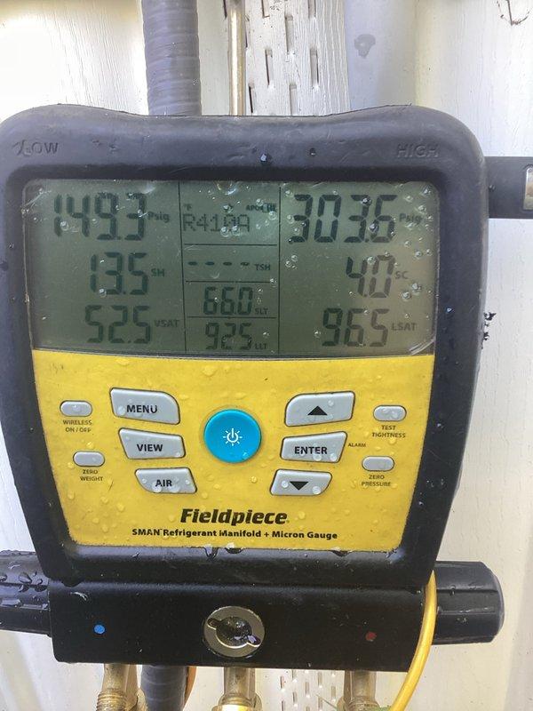 Responded to service call for 2-year-old Ameristar AC unit running constantly during high outdoor temperatures. Performed comprehensive AC tune-up and diagnostic evaluation using digital manifold gauges to assess refrigerant pressures, temperatures, and system performance. Measured superheat and subcooling values to verify proper refrigerant charge and system operation. Upon completion of diagnostics, advised customer to turn AC unit off and leave fan on to prevent continuous compressor operation until further repairs could be scheduled.
