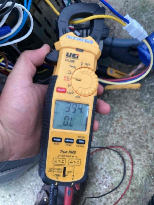 Responded to no-cool complaint on Lennox EL18XPV-024-230A01 unit with HFC-410A refrigerant. Upon arrival, found system running but unable to maintain setpoint temperature. Performed electrical diagnostics using clamp meter, recording amperage draw of 333.1 amps, which significantly exceeds normal operating parameters for this 2-ton unit. Advised customer to turn system off immediately to prevent compressor damage. Unit requires further diagnosis to determine cause of excessive amperage draw, likely indicating compressor failure or electrical fault.