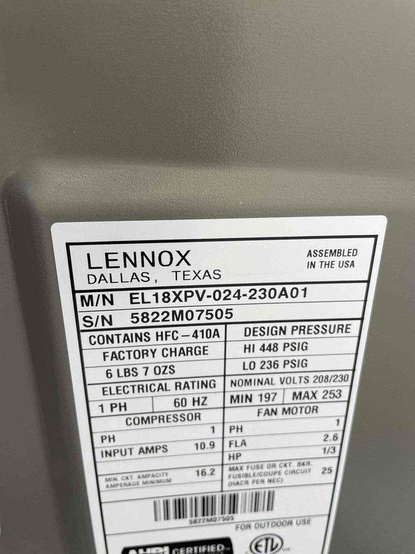 Responded to no-cool complaint on Lennox EL18XPV-024-230A01 unit with HFC-410A refrigerant. Upon arrival, found system running but unable to maintain setpoint temperature. Performed electrical diagnostics using clamp meter, recording amperage draw of 333.1 amps, which significantly exceeds normal operating parameters for this 2-ton unit. Advised customer to turn system off immediately to prevent compressor damage. Unit requires further diagnosis to determine cause of excessive amperage draw, likely indicating compressor failure or electrical fault.