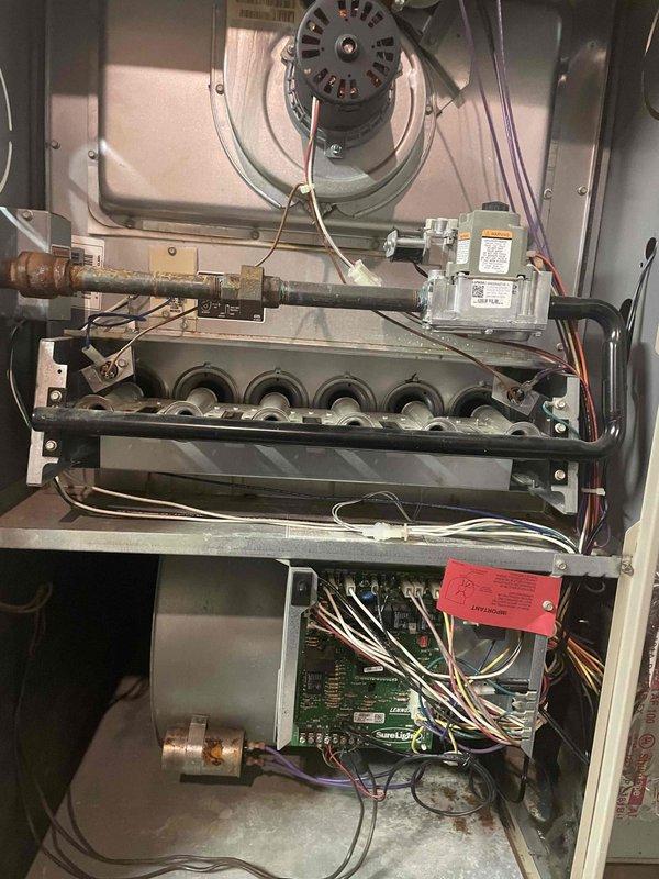 Completed installation of APCO-X whole-home air purification system and EnhancedION air treatment unit on residential gas furnace system. Performed comprehensive maintenance visit including inspection of blower motor, heat exchanger, burner assembly, gas valve, and control board. Replaced air filter which showed moderate dust accumulation, and verified proper operation of both heating and cooling functions.