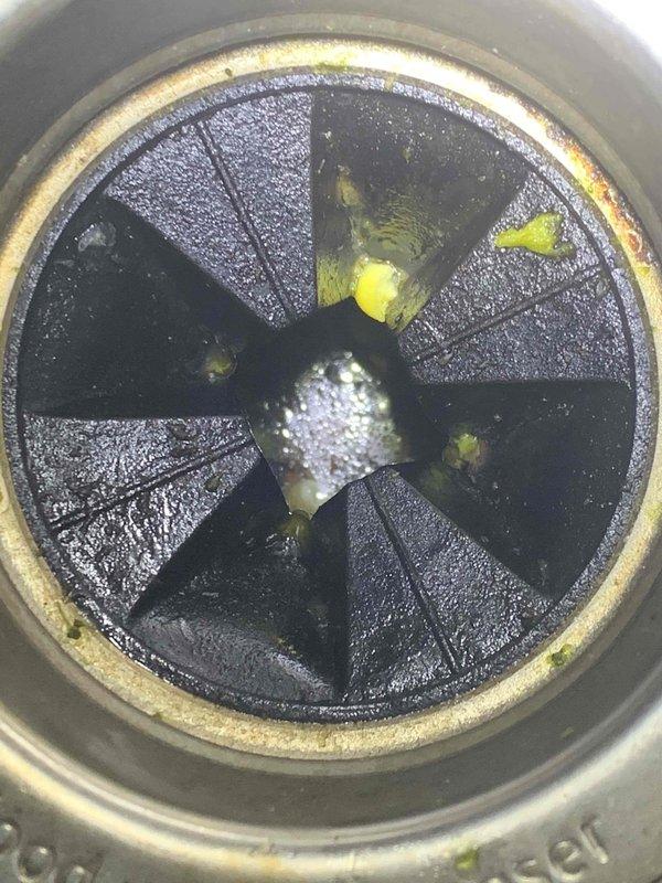 Responded to kitchen sink backup issue. Upon arrival, inspected the garbage disposal unit and drain assembly. Found significant accumulation of food waste debris and yellowish-green residue buildup on the disposal's impeller blades and grinding components. The rubber baffle showed signs of debris accumulation, and the disposal grinding chamber exhibited tarnishing and deposits that were restricting proper drainage and disposal function. Cleared the obstruction, removed debris from the impeller assembly, and restored proper drainage flow to the kitchen sink.