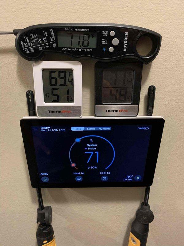 Responded to service call for humidity concerns following recent new installation. Upon arrival, verified system operation and conducted comprehensive humidity monitoring using multiple calibrated measurement devices. Installed and configured digital hygrometers at strategic locations to establish baseline humidity readings throughout conditioned space. Verified Carrier thermostat programming and humidity control settings, confirming system displayed 71°F with 51% relative humidity. Cross-referenced thermostat readings against independent ThermoPro monitoring devices showing consistent measurements in the 69-71°F range with 50-57% humidity levels. Adjusted thermostat heat setpoint to 62°F and cooling setpoint to 71°F per comfort requirements. Confirmed proper system response and dehumidification operation. All monitoring equipment reading within acceptable parameters for indoor comfort standards.