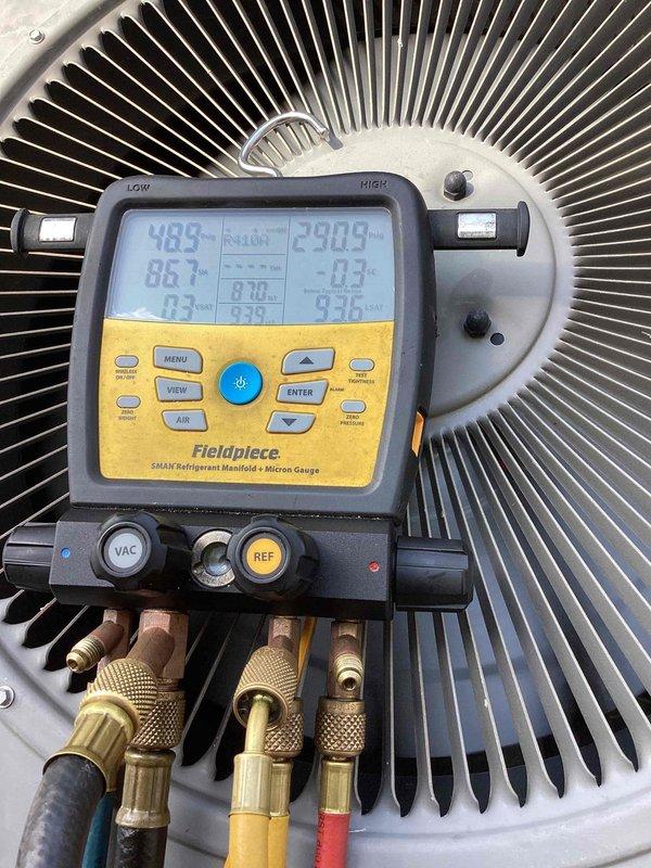 Responded to no cooling complaint on 10+ year old residential AC system. Upon arrival, verified thermostat settings and observed unit operation. Connected refrigerant gauges to outdoor condensing unit to measure system pressures and temperatures. Diagnostic readings indicated abnormal operating conditions affecting cooling capacity. Performed system evaluation and provided customer with findings and repair recommendations to restore proper cooling function.
