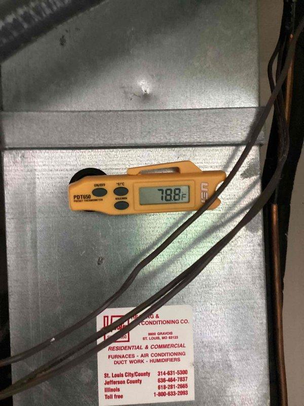 Responded to water leak complaint from 10-year-old air conditioning unit located in garage. Upon arrival, performed system inspection and temperature diagnostics on supply ductwork, recording readings of 78.8°F and 73°F at various points along the metal duct assembly. Identified source of moisture concern and assessed overall system operation to determine appropriate corrective action.