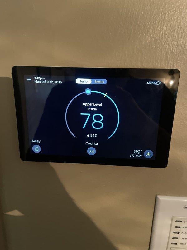 Responded to callback for no air flow through vents on upper level zone. Upon arrival, verified thermostat calling for cooling with setpoint of 74°F and indoor temperature reading 78°F. Inspected control board and wiring connections at air handler, found all electrical connections secure and control board functioning properly. System restored to normal operation with adequate air flow confirmed at supply registers.