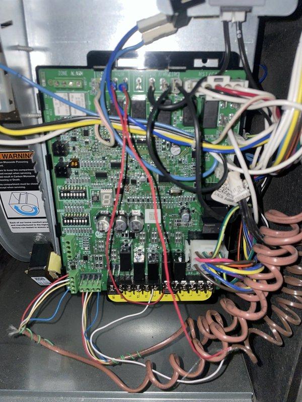 Responded to callback for no air flow through vents on upper level zone. Upon arrival, verified thermostat calling for cooling with setpoint of 74°F and indoor temperature reading 78°F. Inspected control board and wiring connections at air handler, found all electrical connections secure and control board functioning properly. System restored to normal operation with adequate air flow confirmed at supply registers.