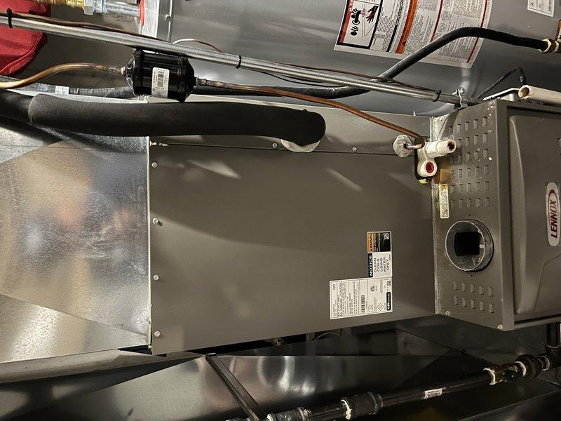 Replaced failed evaporator coil with new 25N25 unit on Lennox furnace system. Removed and disposed of old coil, installed replacement evaporator coil, connected refrigerant lines, and verified proper system operation. Unit tested and operational upon completion.