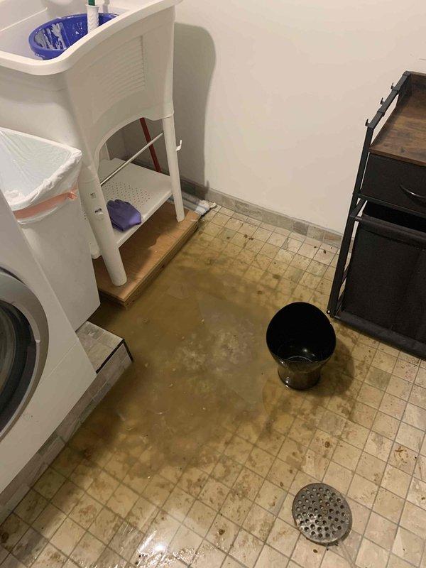 Responded to clogged drain issue in basement laundry area. Upon arrival, found standing water on floor with visible water damage and staining throughout tiled surface. Cleared obstruction from floor drain using appropriate drain cleaning equipment, restoring proper water flow and drainage function. Verified drain was operating correctly and water was evacuating properly through the system.