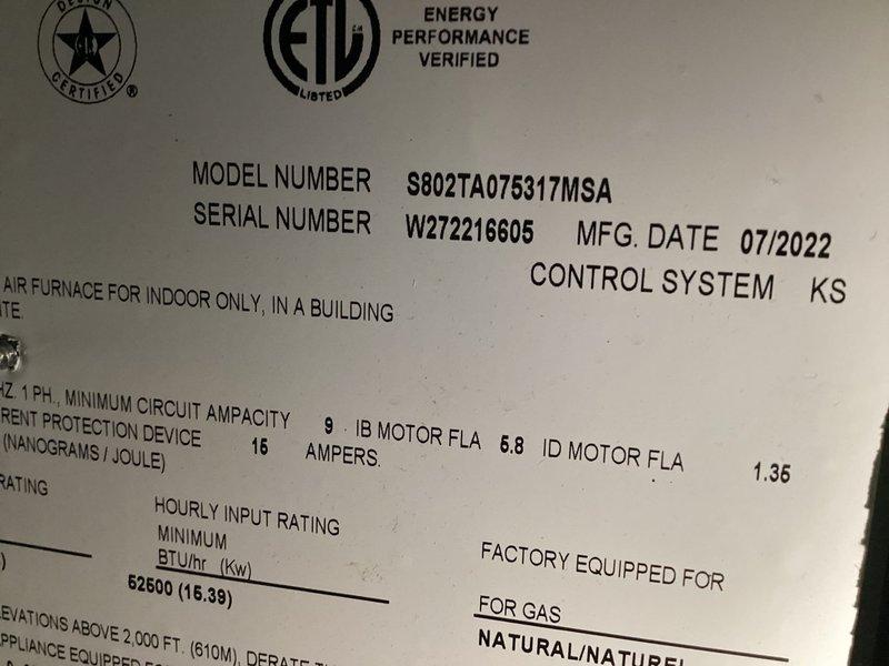 Responded to no cooling complaint on residential HVAC system consisting of RAC13J304S21A outdoor condensing unit (manufactured 2022, charged with 3 lbs R-410A) and S802TA075317MSA natural gas furnace (52,500 BTU/hr input) located in backyard and basement. Advised customer to turn off unit and operate fan only mode prior to arrival to prevent further system strain. Upon arrival, performed diagnostic evaluation of both indoor and outdoor equipment, documented unit specifications and serial numbers for service records.