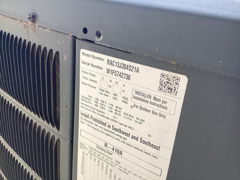 Responded to no cooling complaint on residential HVAC system consisting of RAC13J304S21A outdoor condensing unit (manufactured 2022, charged with 3 lbs R-410A) and S802TA075317MSA natural gas furnace (52,500 BTU/hr input) located in backyard and basement. Advised customer to turn off unit and operate fan only mode prior to arrival to prevent further system strain. Upon arrival, performed diagnostic evaluation of both indoor and outdoor equipment, documented unit specifications and serial numbers for service records.
