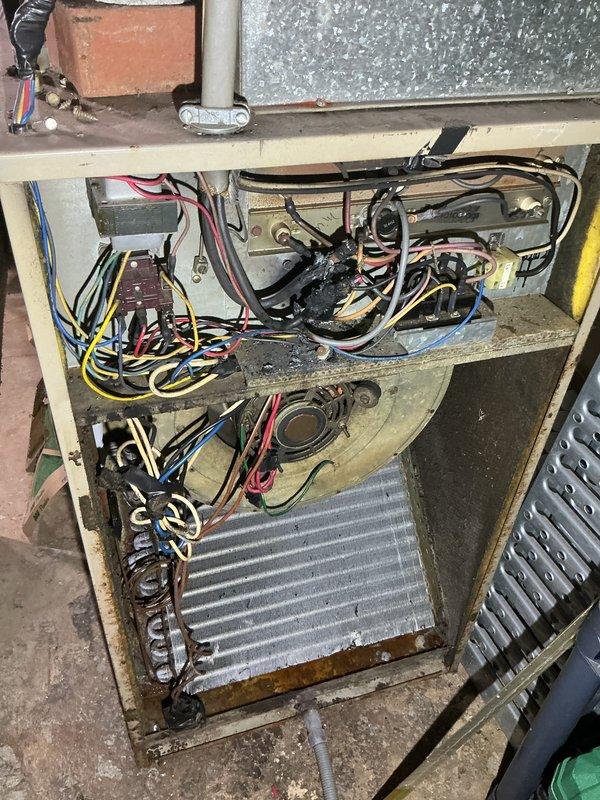 Completed preventive maintenance tune-up on a 10+ year old single HVAC system. Performed comprehensive inspection of aging unit, including examination of evaporator coil with aluminum fins, electrical components, wiring harness, relays, transformers, and control boards. Cleaned blower wheel assembly with radial fins, removing accumulated dust and debris from heat exchanger and internal components. Evaluated condition of electrical connections showing age-related wear on wire insulation and surface oxidation on cabinet framework. System operational and functioning properly upon completion of scheduled maintenance service.